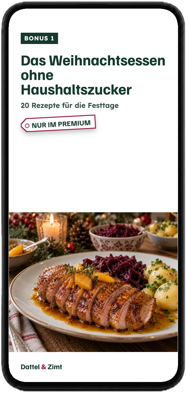 Titelseite des Bonus „Das Weihnachtsessen ohne Haushaltszucker“ auf einem Handy