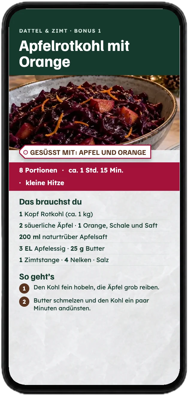 Das Rezept für Apfelrotkohl mit Orange aus dem Bonus, auf einem Handy