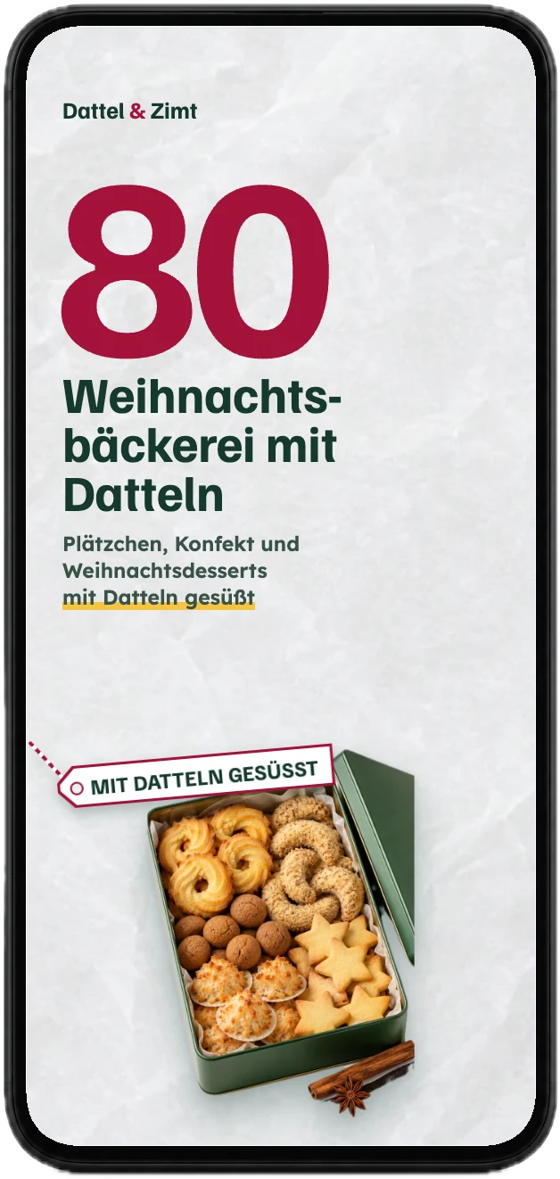 Titelseite des Backbuchs „Weihnachtsbäckerei mit Datteln“ mit 80 Rezepten auf einem Handy
