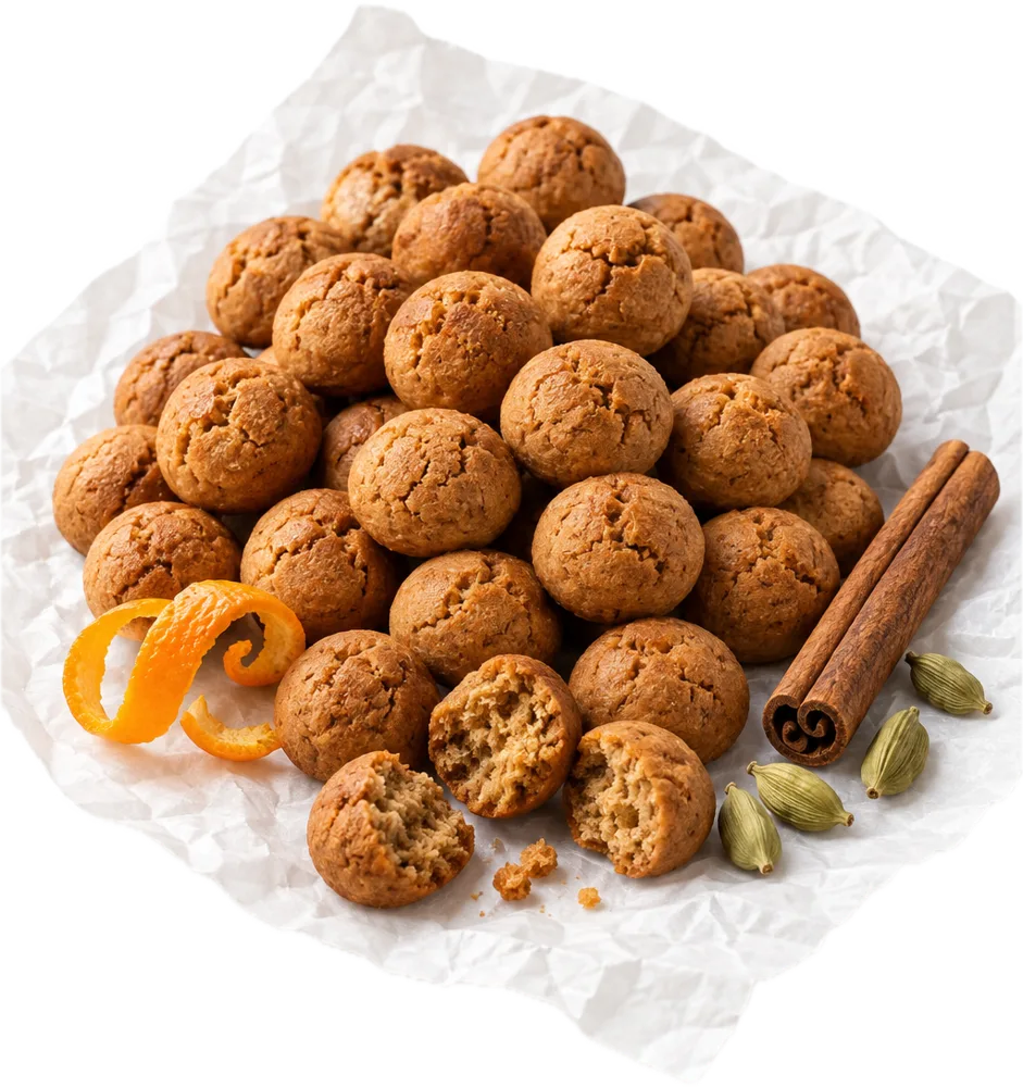 Kleine runde Pfeffernüsse ohne Zuckerguss mit Orangenschale, Zimtstange und Kardamom