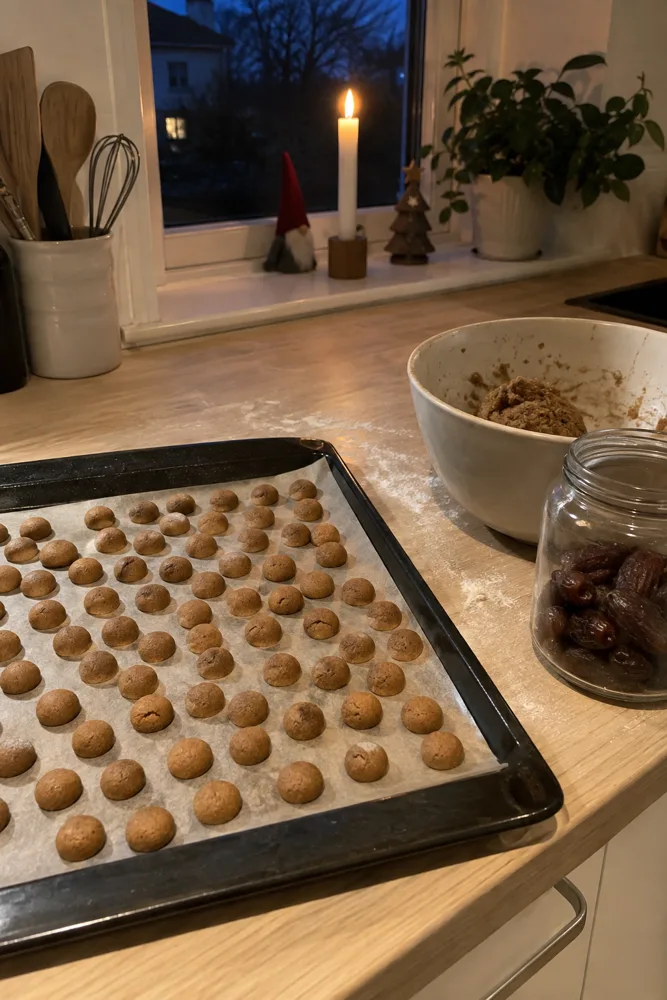 Backblech mit frisch gebackenen Pfeffernüssen auf der Arbeitsplatte an einem Novemberabend