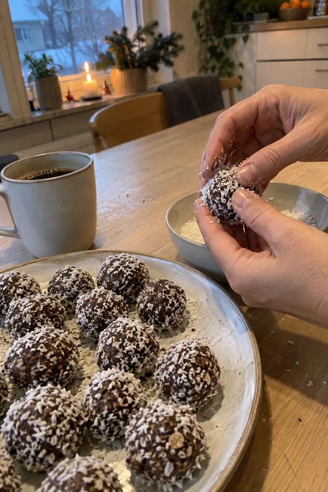 Hände rollen Schoko-Kugeln in Kokosraspeln