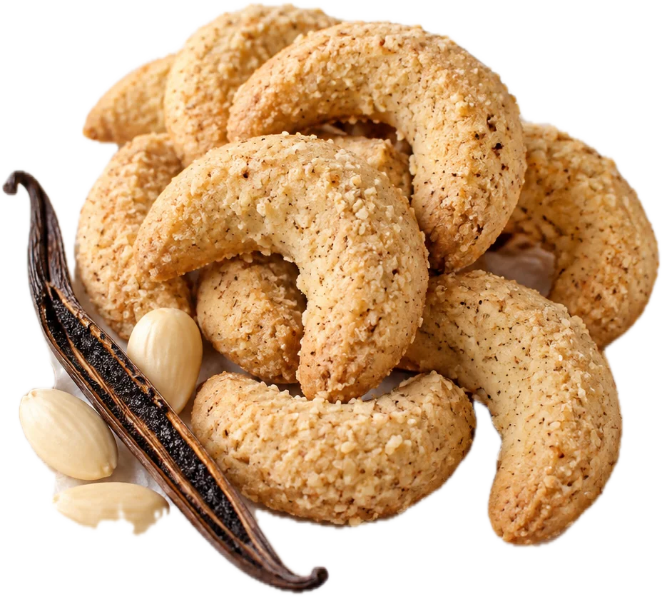 Vanillekipferl, in gemahlenen Mandeln gewälzt, mit Vanilleschote
